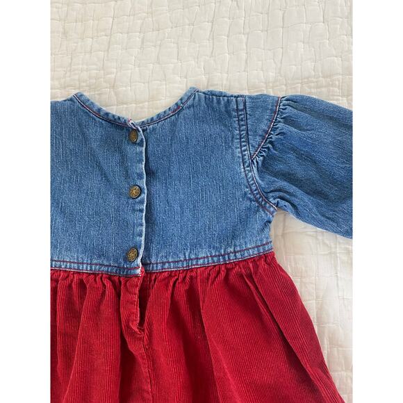 Osh Kosh B Gosh Dress Denim & Red Corduroy Rosebud Applique Ruffle Hem Size 4T - Picture 7 of 12